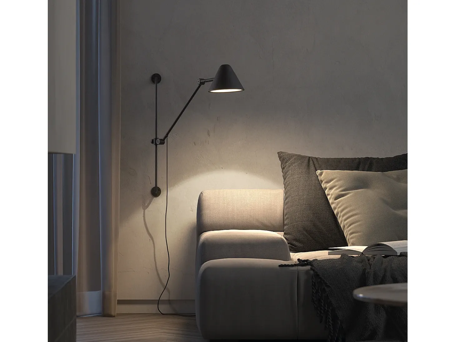 Aplique ARM estilo moderno - Altura 60 cm - 5W COB LED - 728lm e 3000k - Cabo de 2 metros - 330º e 180º graus, on&off - ip20 - aço e preto