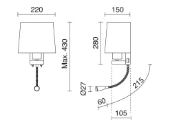 Aplique estilo clássico FIRENZE - A 43 cm - E27 60W + 3W SMD LED - 2x on&off - 2x USB - aço e algodão - dourado mate e branco - IP20