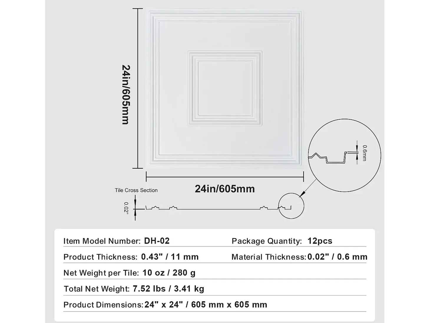 Azulejos Autocollantes PVC SucceBuy Azulejos de Teto Pacote de 12 60.96CM x 60.96CM PVC Instalação Fácil Branco Geométrico