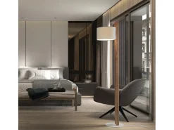 Candeeiro de pé COMPACT estilo moderno em madeira - A 140,5 cm - E27 40W - IP20 - madeira e algodão castanho