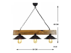 Candeeiro rústico de suspensão com 3 lâmpadas em madeira e preto ENOLA - Design elegante para interiores rústicos, industriais ou contemporâneos