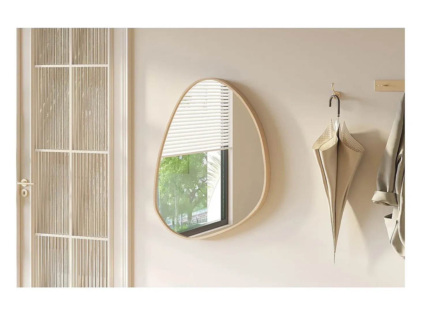 Espelho assimétrico NARA – 60x80 cm – Acabamento em carvalho envelhecido – MDF com decoração de madeira – Design orgânico