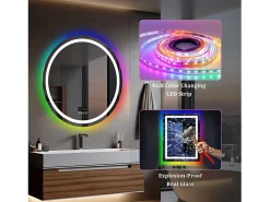 Espelho de banheiro 80x80cm RGB e LED ajustável + antiembaçante + Bluetooth 5.2 + Relógio + 3 cores 4 botões