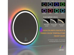 Espelho de banheiro 80x80cm RGB e LED ajustável + antiembaçante + Bluetooth 5.2 + Relógio + 3 cores 4 botões