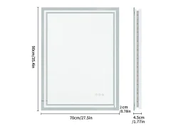 Espelho retangular LED para banheiro com iluminação em 3 cores ajustáveis ​​90x70cm