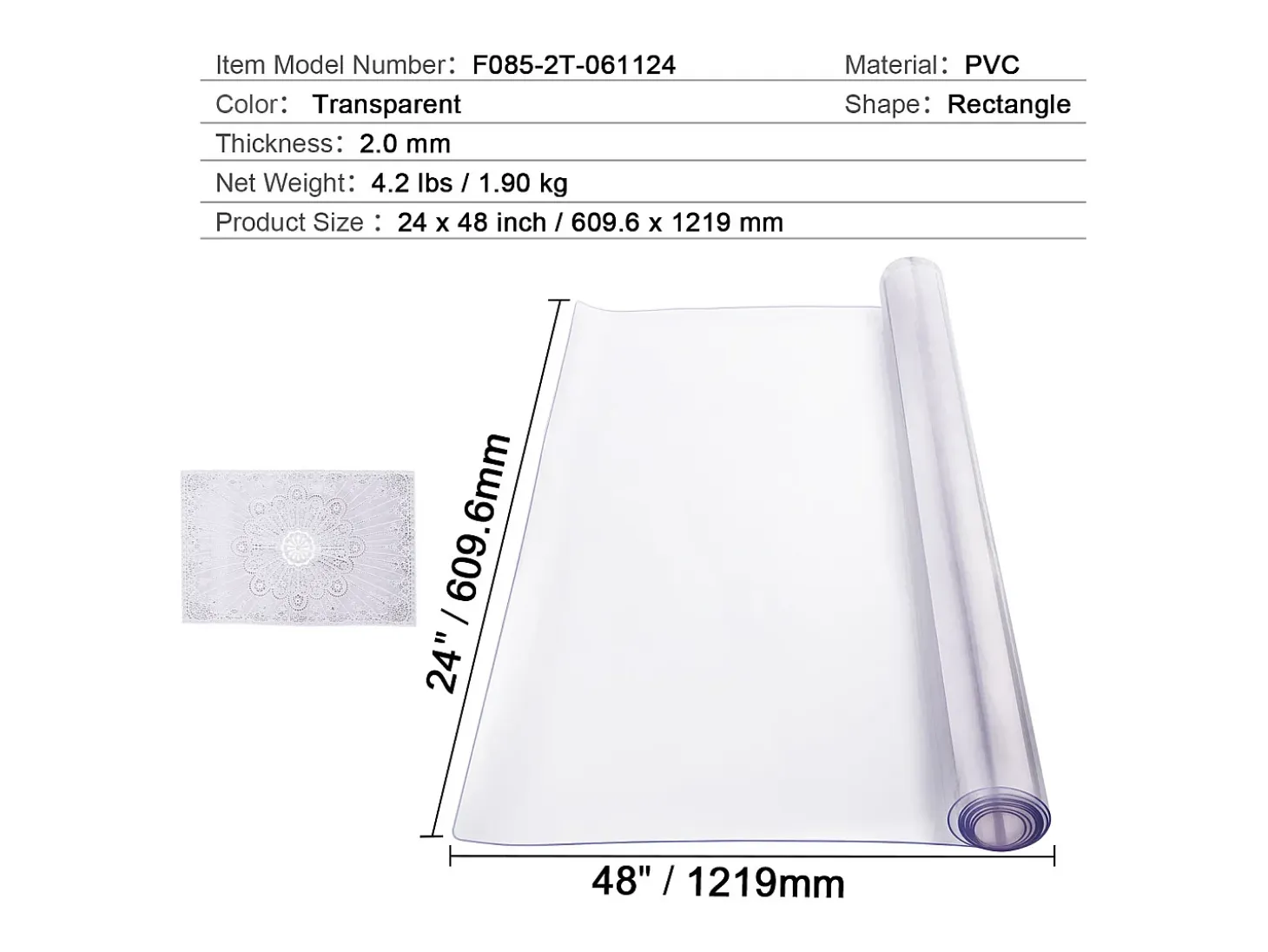 Mantel SucceBuy Proteção de Mesa em PVC, 61 X 122 CM, Pavio em Plástico Transparente, 0.2CM de Espessura