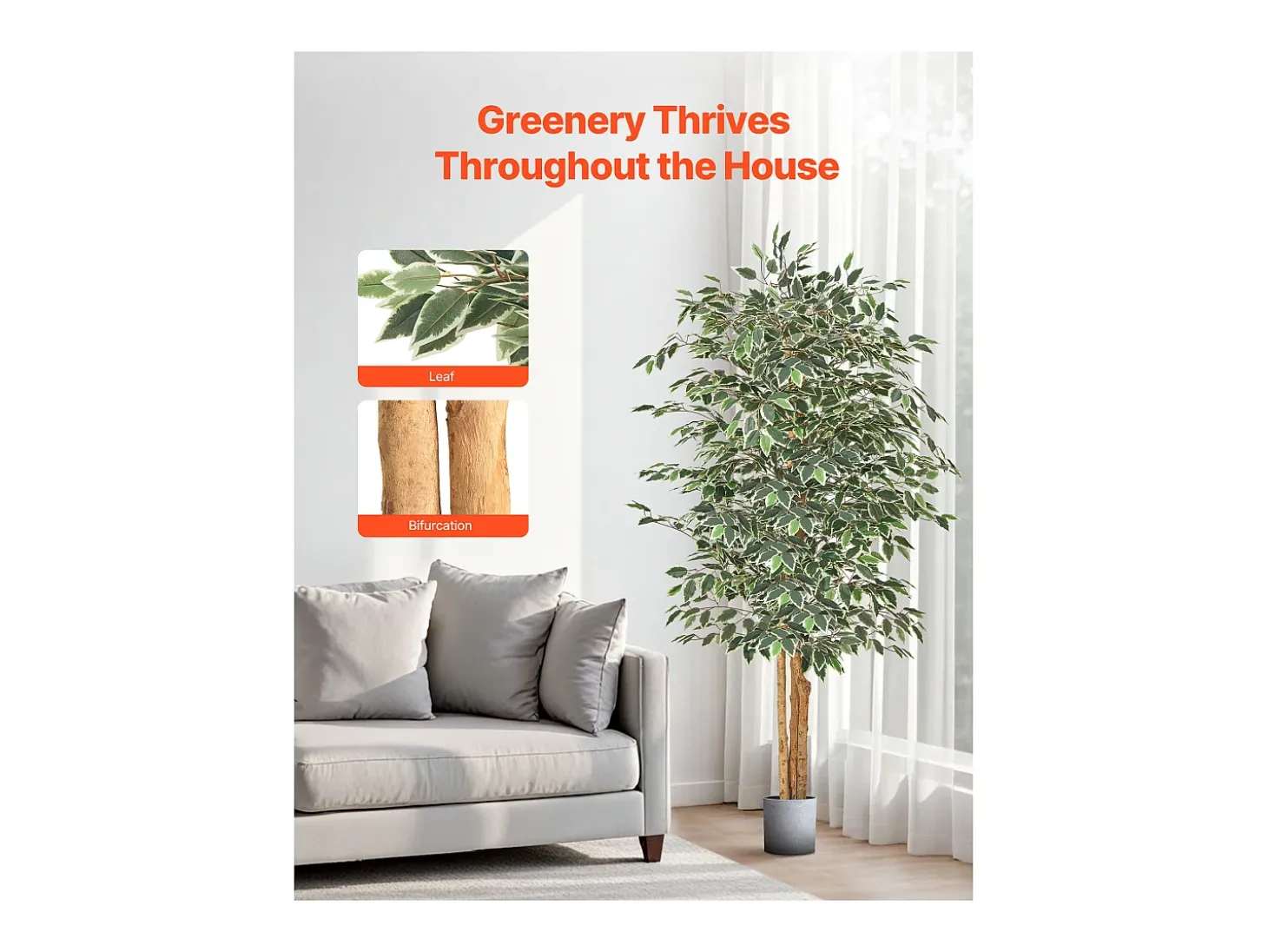 Árvores Artificiais SucceBuy Ficus Artificial de 180 cm com Vaso Preto, Planta Artificial Grande com Tronco de Madeira Natural e Folhagem Verde Realista
