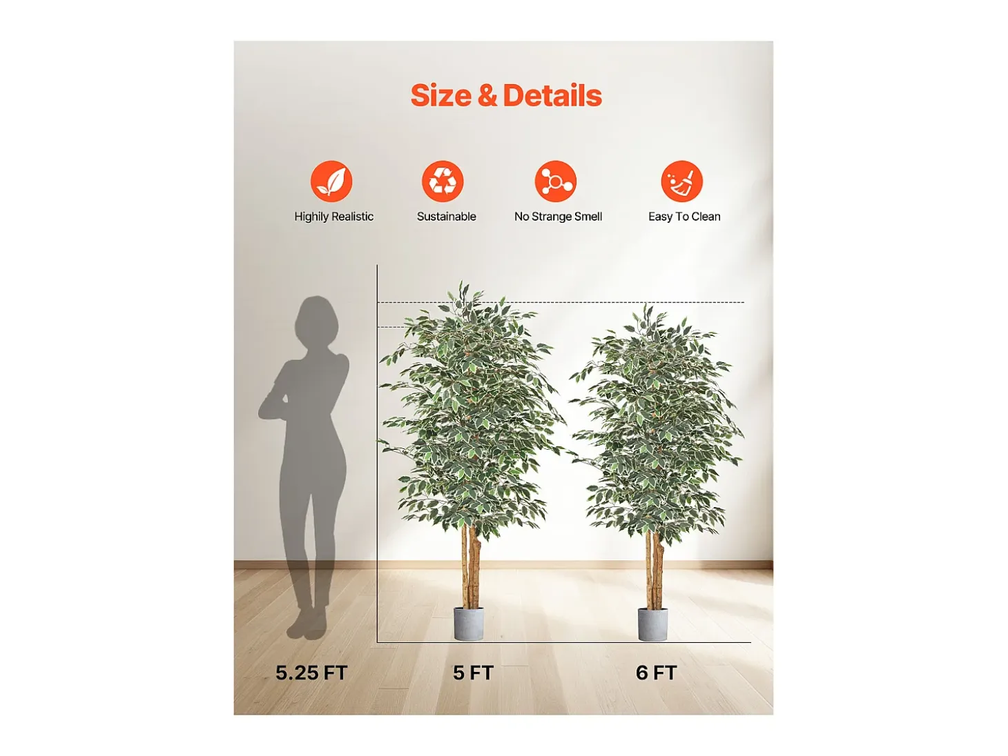Árvores Artificiais SucceBuy Ficus Artificial de 180 cm com Vaso Preto, Planta Artificial Grande com Tronco de Madeira Natural e Folhagem Verde Realista