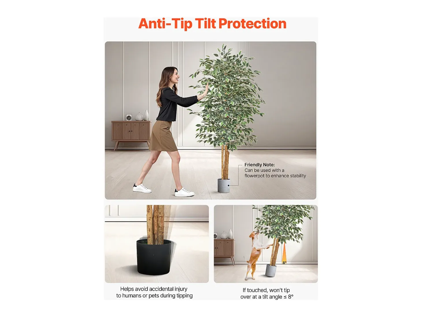 Árvores Artificiais SucceBuy Ficus Artificial de 180 cm com Vaso Preto, Planta Artificial Grande com Tronco de Madeira Natural e Folhagem Verde Realista