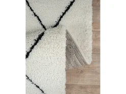 Tapete Bahar Shaggy moderno padrão losango, preto branco, 160 cm redondo