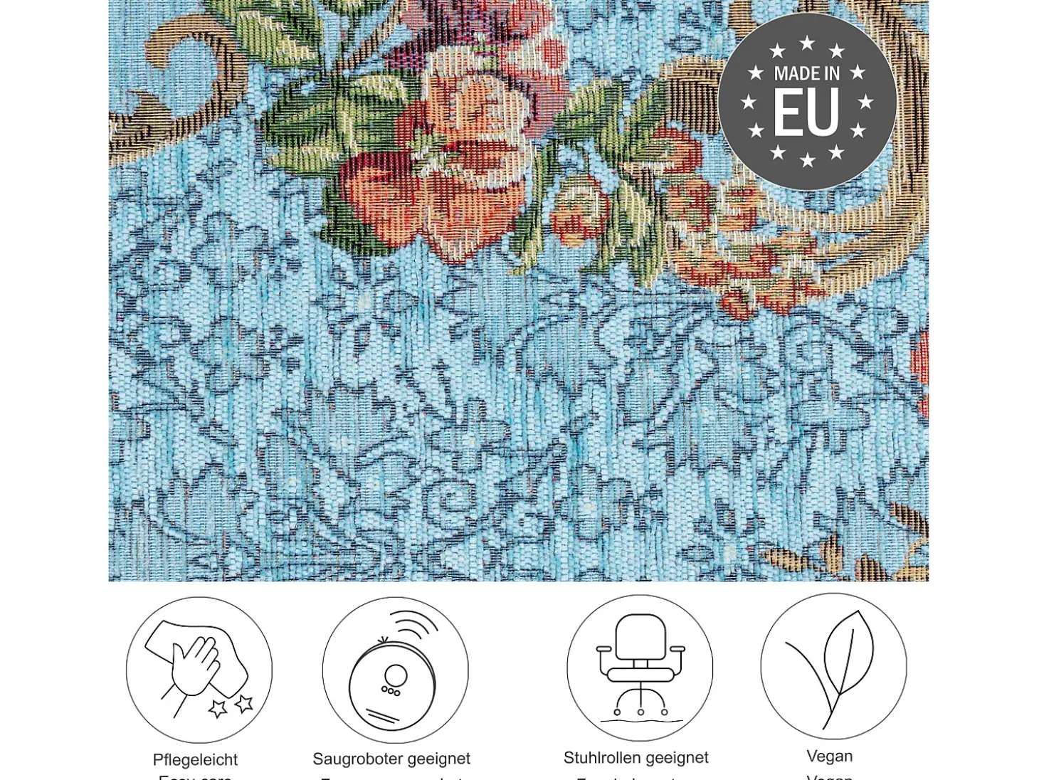 Tapete com borda e padrão floral 240x340 cm turquesa Flomi